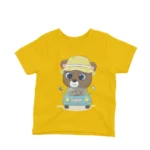 Explorer Bear adorning a kids' Yellow t-shirt by Apparel by Cetakshop, inspiring adventure and discovery.