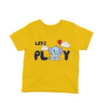 A cheerful Playful Elephant on a kids' Yellow t-shirt by Apparel by Cetakshop, bringing smiles and joy.