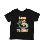 Surfing Tiger graphic on a kids' Black t-shirt from Apparel by Cetakshop, for the little ones who love the ocean.