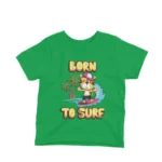 Surfing Tiger graphic on a kids' Irish Green t-shirt from Apparel by Cetakshop, for the little ones who love the ocean.