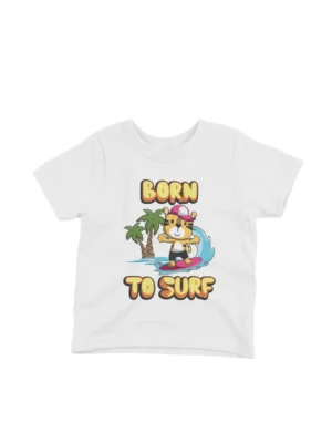 Born To Surf Tee by Apparel by Cetakshop. Surfing Tiger graphic on a kids' White t-shirt from Apparel by Cetakshop, for the little ones who love the ocean.