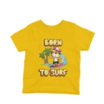 Surfing Tiger graphic on a kids' Yellow t-shirt from Apparel by Cetakshop, for the little ones who love the ocean.