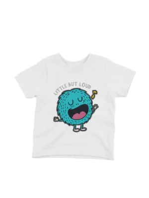 Little But Loud Tee by Apparel by Cetakshop. White kids t-shirt with a blue monster design and 'Little But Loud' slogan.