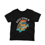 Black kids t-shirt featuring a guitar-playing dinosaur with 'Rock Star' text, offered by Apparel by Cetakshop.