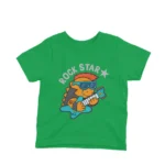 Irish Green kids t-shirt featuring a guitar-playing dinosaur with 'Rock Star' text, offered by Apparel by Cetakshop.