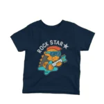 Navy kids t-shirt featuring a guitar-playing dinosaur with 'Rock Star' text, offered by Apparel by Cetakshop.