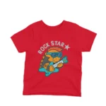 Red kids t-shirt featuring a guitar-playing dinosaur with 'Rock Star' text, offered by Apparel by Cetakshop.