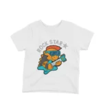 Rock Star Dino Tee by Apparel by Cetakshop. White kids t-shirt featuring a guitar-playing dinosaur with 'Rock Star' text.