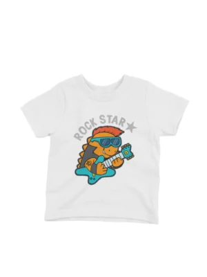 Rock Star Dino Tee by Apparel by Cetakshop. White kids t-shirt featuring a guitar-playing dinosaur with 'Rock Star' text.