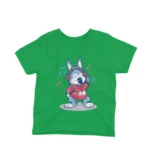 Cartoon Wolf and Headphones kids t-shirt design from Apparel by Cetakshop on a irish green background.