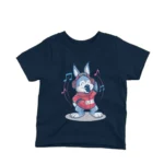 Cartoon Wolf and Headphones kids t-shirt design from Apparel by Cetakshop on a navy background.