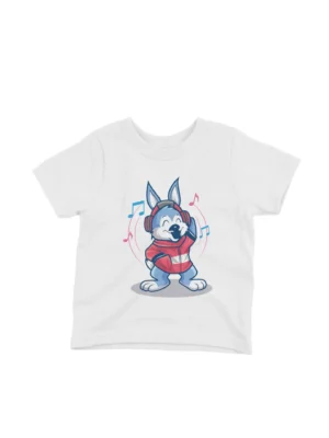 Vibing Wolf Tee by Apparel by Cetakshop. Cartoon Wolf and Headphones kids t-shirt design from Apparel by Cetakshop on a white tee.