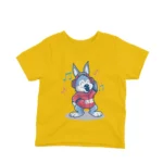 Cartoon Wolf and Headphones kids t-shirt design from Apparel by Cetakshop on a yellow background.