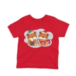 Twin Tigers with Gifts kids t-shirt design from Apparel by Cetakshop on a red background.