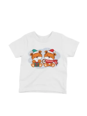 Twin Tigers with Gifts Tee by Apparel by Cetakshop. Twin Tigers with Gifts kids t-shirt design from Apparel by Cetakshop on a white tee.