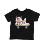 Skateboarding Cow kids t-shirt design from Apparel by Cetakshop on a black background.