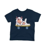 Skateboarding Cow kids t-shirt design from Apparel by Cetakshop on a navy background.