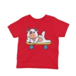 Skateboarding Cow kids t-shirt design from Apparel by Cetakshop on a red background.