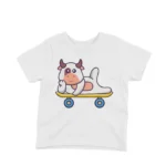 Cow On Skateboard Tee by Apparel by Cetakshop. Skateboarding Cow kids t-shirt design from Apparel by Cetakshop on a white tee.