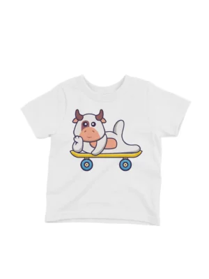 Cow On Skateboard Tee by Apparel by Cetakshop. Skateboarding Cow kids t-shirt design from Apparel by Cetakshop on a white tee.