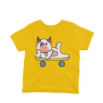 Skateboarding Cow kids t-shirt design from Apparel by Cetakshop on a yellow background.