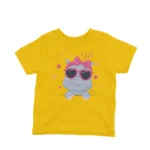 Hip Star Hippo with Sunglasses kids t-shirt design from Apparel by Cetakshop on a yellow background.