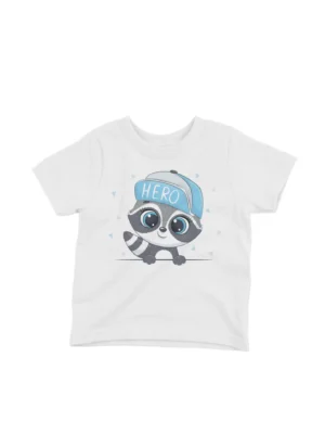 Cute Raccoon with Cap Tee by Apparel by Cetakshop. Heroic Raccoon with Cap kids t-shirt design from Apparel by Cetakshop on a white tee.