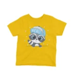 Heroic Raccoon with Cap kids t-shirt design from Apparel by Cetakshop on a yellow background.