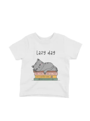 Lazy Day Cat Tee by Apparel by Cetakshop. Lazy Day Cat kids t-shirt design from Apparel by Cetakshop on a white tee.