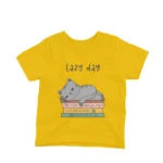 Lazy Day Cat kids t-shirt design from Apparel by Cetakshop on a yellow background.