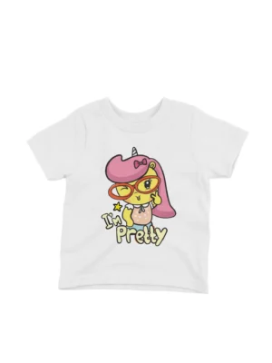 Pretty Unicorn Tee by Apparel by Cetakshop. Pink Unicorn Saying I'm Pretty kids t-shirt design from Apparel by Cetakshop on a white tee.