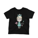 Fashionable Girl with a Lovely Friend kids t-shirt design from Apparel by Cetakshop on a black background.