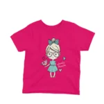 Fashionable Girl with a Lovely Friend kids t-shirt design from Apparel by Cetakshop on a fuchsia background.