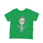 Fashionable Girl with a Lovely Friend kids t-shirt design from Apparel by Cetakshop on a irish green background.