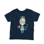 Fashionable Girl with a Lovely Friend kids t-shirt design from Apparel by Cetakshop on a navy background.