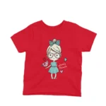 Fashionable Girl with a Lovely Friend kids t-shirt design from Apparel by Cetakshop on a red background.