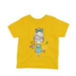 Fashionable Girl with a Lovely Friend kids t-shirt design from Apparel by Cetakshop on a yellow background.