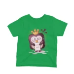 An affectionate penguin holding a heart on a kids Irish Green t-shirt by Apparel by Cetakshop, spreading love and cuteness.