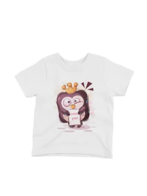 Penguin Heart Tee by Apparel by Cetakshop. An affectionate penguin holding a heart on a kids White t-shirt, spreading love and cuteness.