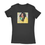 Women's Black T-shirt with a morning coffee muse illustration, perfect for coffee lovers, from Apparel by Cetakshop.