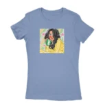 Women's Carolina Blue T-shirt with a morning coffee muse illustration, perfect for coffee lovers, from Apparel by Cetakshop.