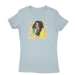 Women's Light Blue T-shirt with a morning coffee muse illustration, perfect for coffee lovers, from Apparel by Cetakshop.