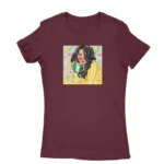 Women's Maroon T-shirt with a morning coffee muse illustration, perfect for coffee lovers, from Apparel by Cetakshop.