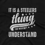 close up image of Apparel by Cetakshop Steelers Fan Slogan Graphic Tee - exclusive fan gear. in Black. The image shows a steelers fan exclusive graphic tees.