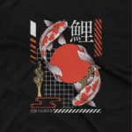 close up image of Apparel by Cetakshop Koi Fish Art Graphic Tee - serene and artistic expression. in Black. The image shows a koi fish graphic tees.