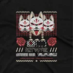 close up image of Apparel by Cetakshop Kitsune Mask Graphic Tee - folklore and tradition in fashion. in Black. The image shows a kitsune mask graphic tees.