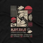 close up image of Apparel by Cetakshop Samurai Katana Graphic Tee - embodying the samurai spirit. in Black. The image shows a samurai katana graphic tees.