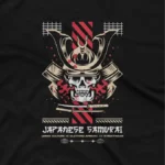 close up image of Apparel by Cetakshop Fierce Samurai Helmet Graphic Tee - fearless and bold. in Black. The image shows a samurai helmet graphic tees.