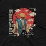 close up image of Apparel by Cetakshop Ronin Drifter Graphic Tee - for the wandering spirit. in Black. The image shows a ronin drifter graphic tees.