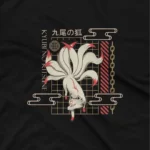 close up image of Apparel by Cetakshop Majestic Kitsune Graphic Tee - mystical Japanese folklore. in Black. The image shows a kitsune graphic tees.